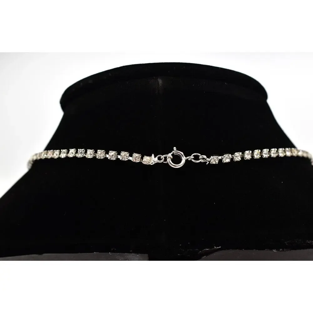 Vintage Crystal Collar Necklace Prong Rhinestone Silver Tone Shiny 1980s BinBD
